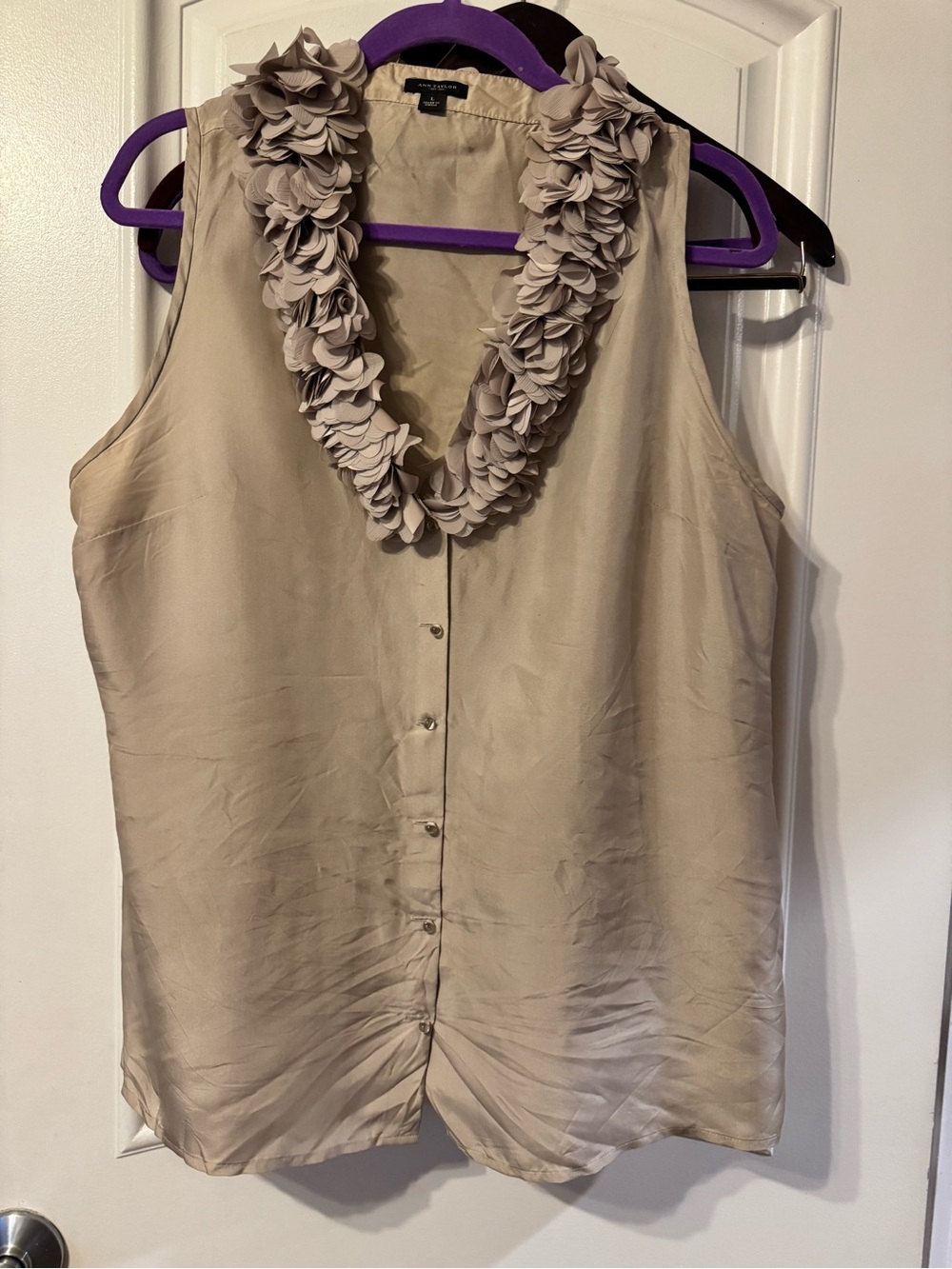 Ann Taylor Sleeveless Ruffle V-Neck Blouse - Taupe/Beige size L